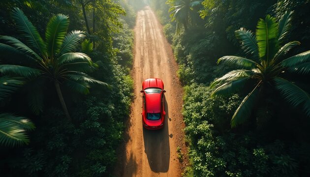 Aerial drone view of red car driving on muddy rainforest road surrounded by green vegetation, palm trees. Sunlight filters through dense jungle foliage, illuminating dirt track, creating serene, - Powered by Adobe