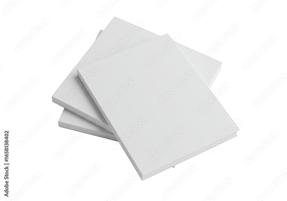 Poster stack of blank white paper sheets isolated on transparent background, representing clean surface for
