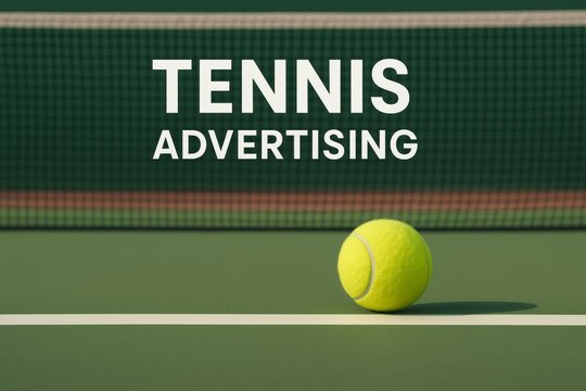 Tennis ball lying on a green tennis court with net and the words tennis advertising superimposed, creating a powerful visual for advertising campaigns - Powered by Adobe