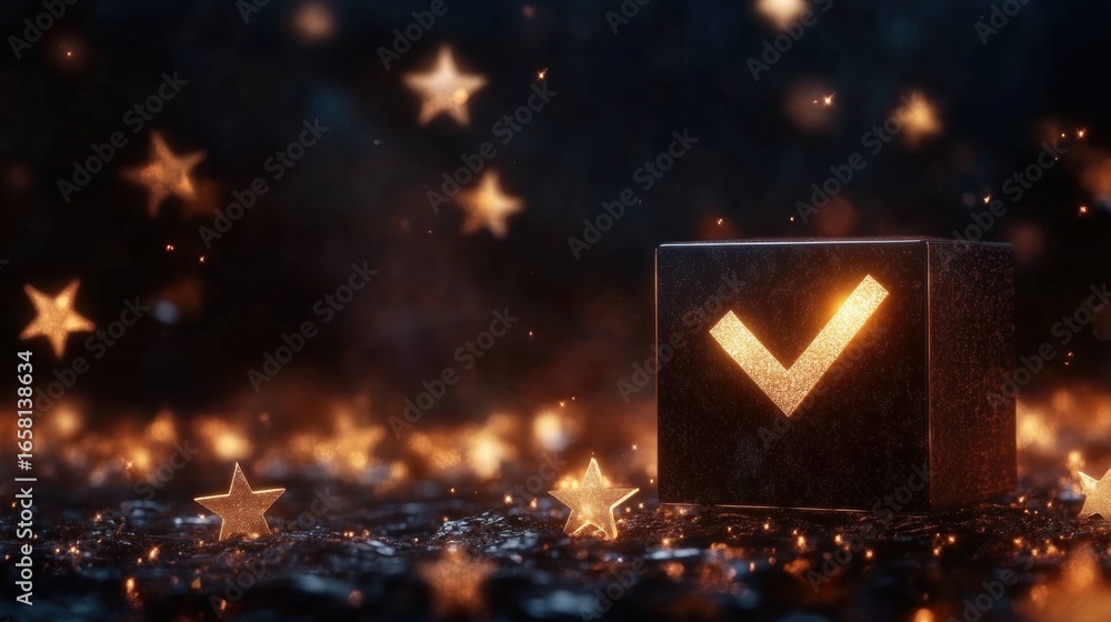 Aufkleber glowing checkbox icon surrounded by sparkling stars in a dark setting