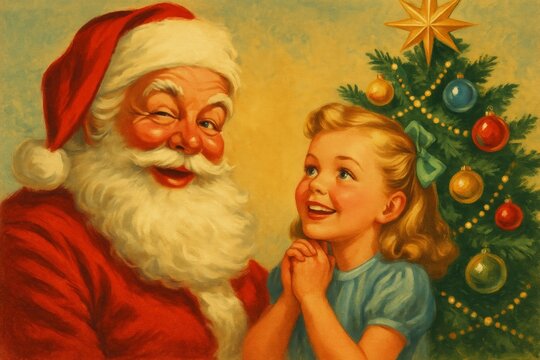 Jolly santa winking playfully, vintage style scene with hopeful girl near sparkling christmas tree, radiating festive holiday warmth and childhood wonder