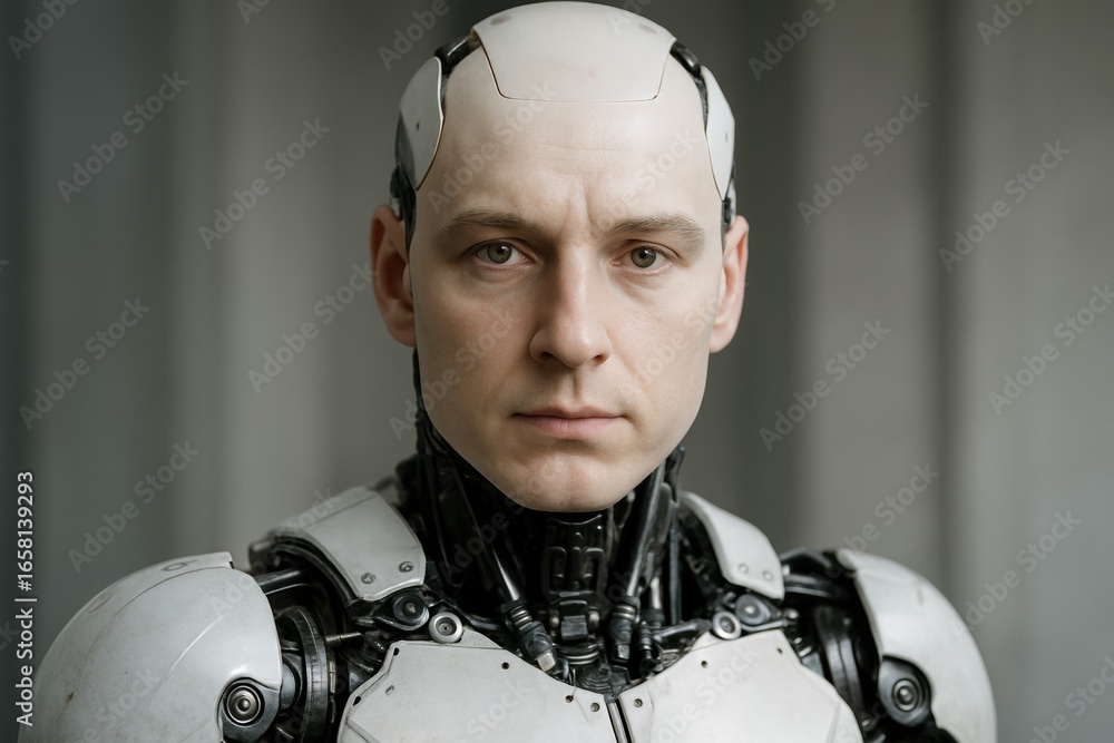 Poster advanced cyborg with robotic enhancements showcasing the potential of artificial intelligence and ro