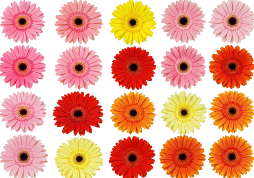 Collection of colorful gerbera daisies with pink, red, orange, and yellow petals isolated on transparent background