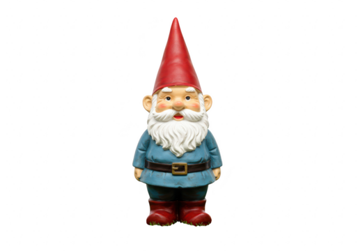 A cute garden gnome with a red hat and blue jacket, isolated on transparent background