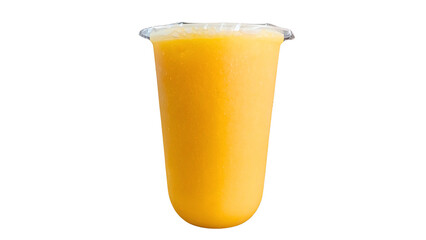 Mango juice in a clear plastic cup on a transparent background. High-resolution image, perfect for digital menus, e-commerce product listings, mockups, or advertising designs.