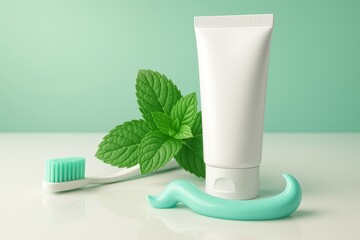 Dental hygiene setup featuring mint accented toothbrush and swirling toothpaste on glossy white surface, complemented by verdant green background