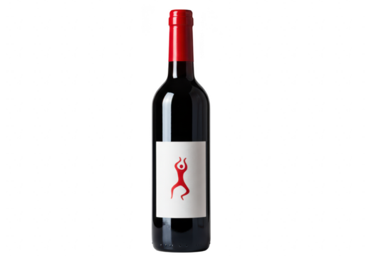 A sleek, dark glass bottle of red wine, featuring a minimalist red abstract figure on its label, isolated on a clean transparent background
