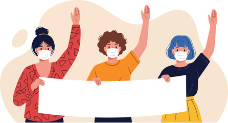 People in Medical Masks Protesting with Blank Banner-group of people with banner