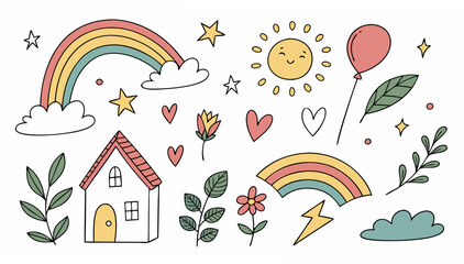 A charming collection of hand drawn doodle elements including rainbows a smiling sun a house hearts flowers leaves a balloon and stars