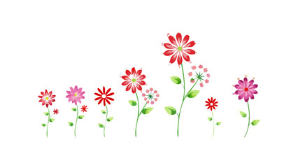 A charming collection of colorful watercolor flowers with green stems and leaves set against a stark black background