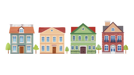 A charming row of four colorful stylized houses with trees on a black background perfect for illustrations