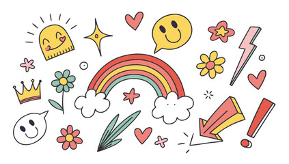 A cheerful collection of hand drawn elements including a rainbow smiling faces flowers hearts a crown and lightning bolts