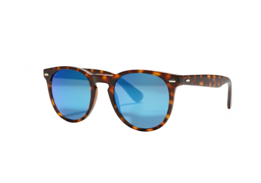 Tortoiseshell sunglasses with blue mirrored lenses, isolated on transparent background