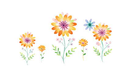 A collection of whimsical watercolor flowers in vibrant orange pink and purple hues on a black background