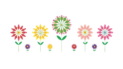 A collection of stylized geometric flowers in vibrant colors against a deep black background