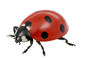 A single red ladybug insect with black spots isolated on a transparent background, captured in a detailed macro shot