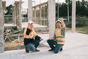 Male and female engineers who are Asian professionals in the construction industry focus on village...