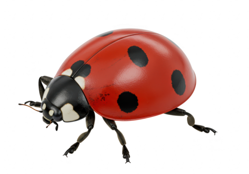 A single red ladybug insect with black spots isolated on a transparent background, captured in a detailed macro shot