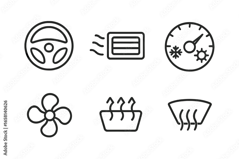 Poster car climate control icon set. vector line symbols for automobile dashboard interface. includes steer