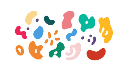 A vibrant collection of abstract organic shapes and blobs in various bright colors on a black background