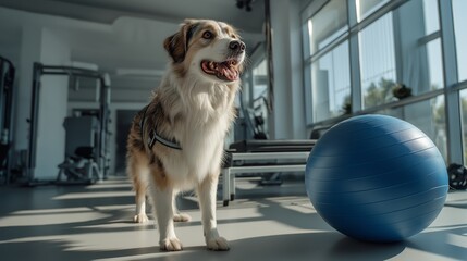 Energetic Dog in Modern Gym with Blue Exercise Ball - Perfect for Fitness and Pet-Themed Stock Photos