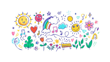 A vibrant collection of hand drawn doodles featuring happy suns rainbows clouds flowers hearts and musical notes on a black background