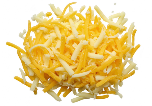 Pile of shredded cheddar and mozzarella cheese mix isolated on transparent background