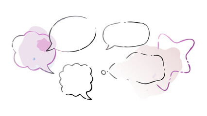 Abstract illustration of diverse speech bubbles with soft pastel colors and hand drawn outlines on a black background