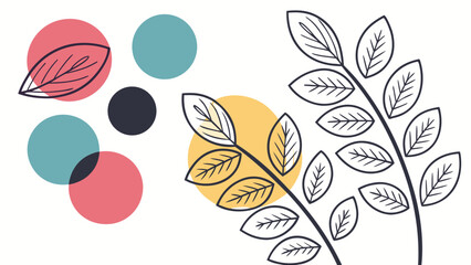 Abstract minimalist illustration of stylized leaves and branches with overlapping colorful circles on a white background