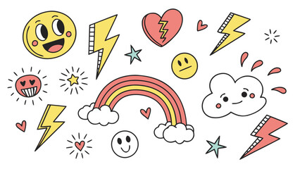 Collection of cheerful and quirky hand drawn doodle icons including smiling faces rainbows lightning bolts hearts and clouds