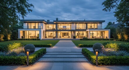 Obraz premium A modern, multi-story home glows with interior lights, framed by landscaping. A paved path leads to the entrance. Dark sky setting