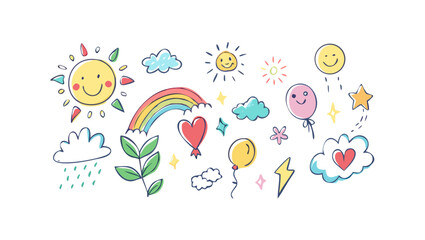 Collection of cheerful hand drawn doodles including smiling suns rainbows clouds hearts balloons stars and lightning bolts on a black background