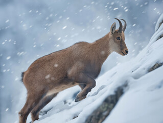Mountain goat climbing snowy slope, surrounded by falling snowflakes, showcasing resilience and adaptability in a winter landscape, emphasizing nature's beauty and wildlife