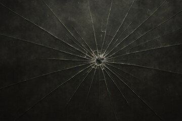 Close up of shattered glass, showcasing radiating cracks and a central impact point, creating a dramatic and textured backdrop