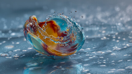 A colorful water splash in the shape of an open shell, swirling and glowing with light, against a background of calm blue ripples on a soft gray surface.