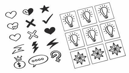 Collection of hand drawn doodle icons including hearts stars lightbulbs checks x marks lightning bolts and social media symbols