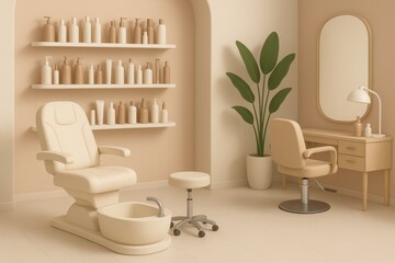 Minimalist beauty salon interior showcasing clean white pedicure chair, sleek vanity mirror, elegant product shelving, embodying contemporary wellness design