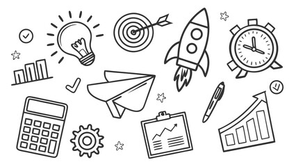 Collection of hand drawn doodle icons representing business growth ideas planning and success in a simple black and white sketch style