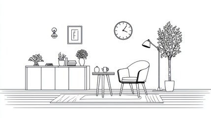 Line art of living room scene with chair, cabinet, plant, rug, and accents