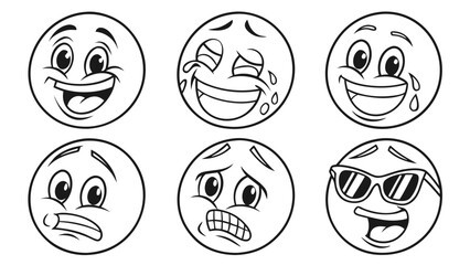 Collection of six cartoon emoji faces displaying various emotions like laughter fear and coolness with a simple black and white line art style