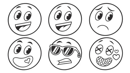 Collection of six cartoon smiley faces expressing different emotions and moods in a simple line art style