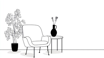 Line drawing of a chair, table, vase, and plant on a white background