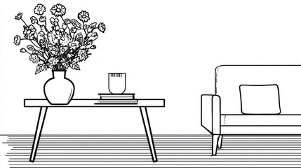 Simple living room illustration with flowers, table, books, candle and sofa