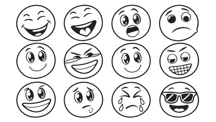 Collection of twelve diverse cartoon emoji faces expressing various emotions and moods in a simple black and white line drawing style
