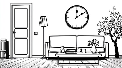 Living room sketch sofa, door, lamp, clock, table, chair, tree, on wood floor