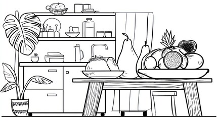 Kitchen scene with fruits, plant, and tableware in black and white line art
