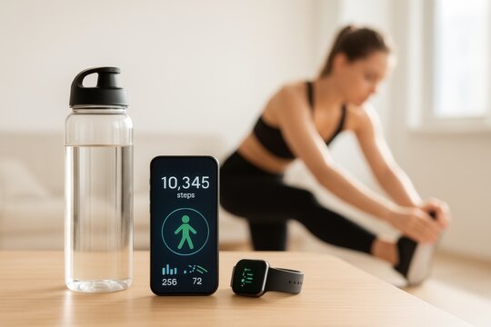 Fitness smartwatch displaying health metrics near smartphone, water bottle on table with woman stretching, highlighting wellness technology and active lifestyle - Powered by Adobe