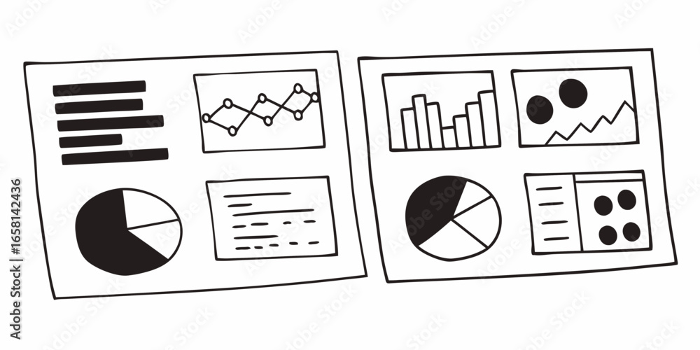 Aufkleber two sheets displaying various data visualizations including bar charts and pie charts and line graph