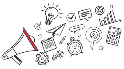 Doodle style megaphone and business icons including lightbulb graphs calculator clock and speech bubbles for promotion and planning