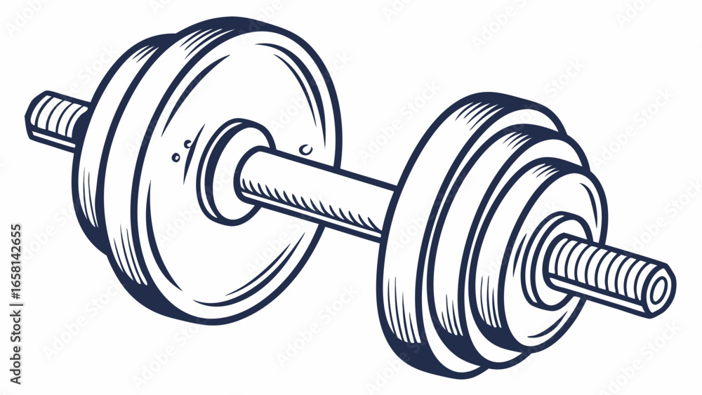 Poster illustration of a dumbbell with weights on each side and a textured bar in a line art style